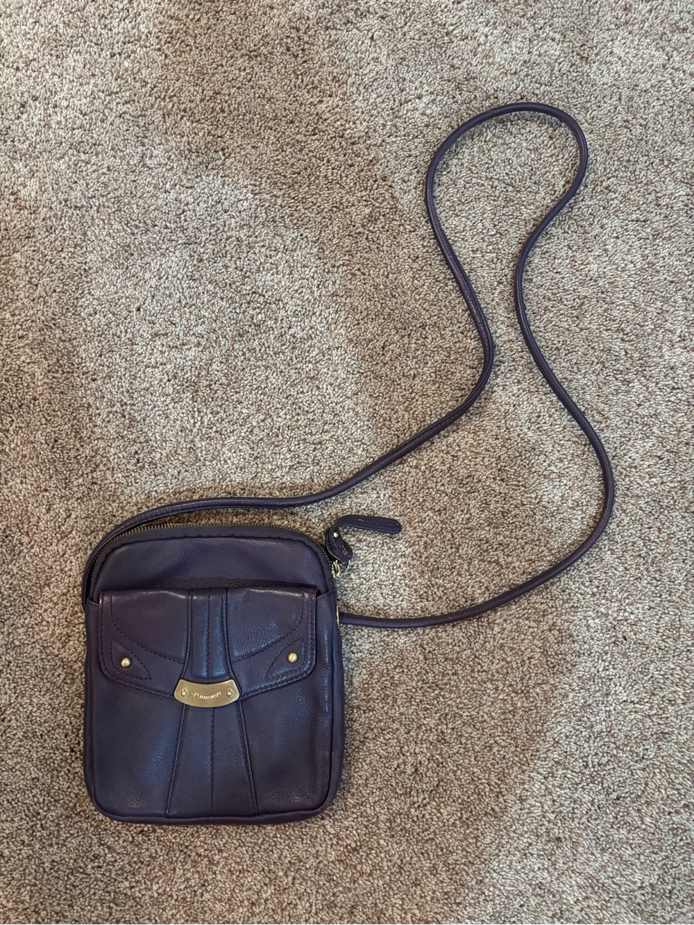 b. makowsky Plum Leather Crossbody with Front Pocket and Gold Accent